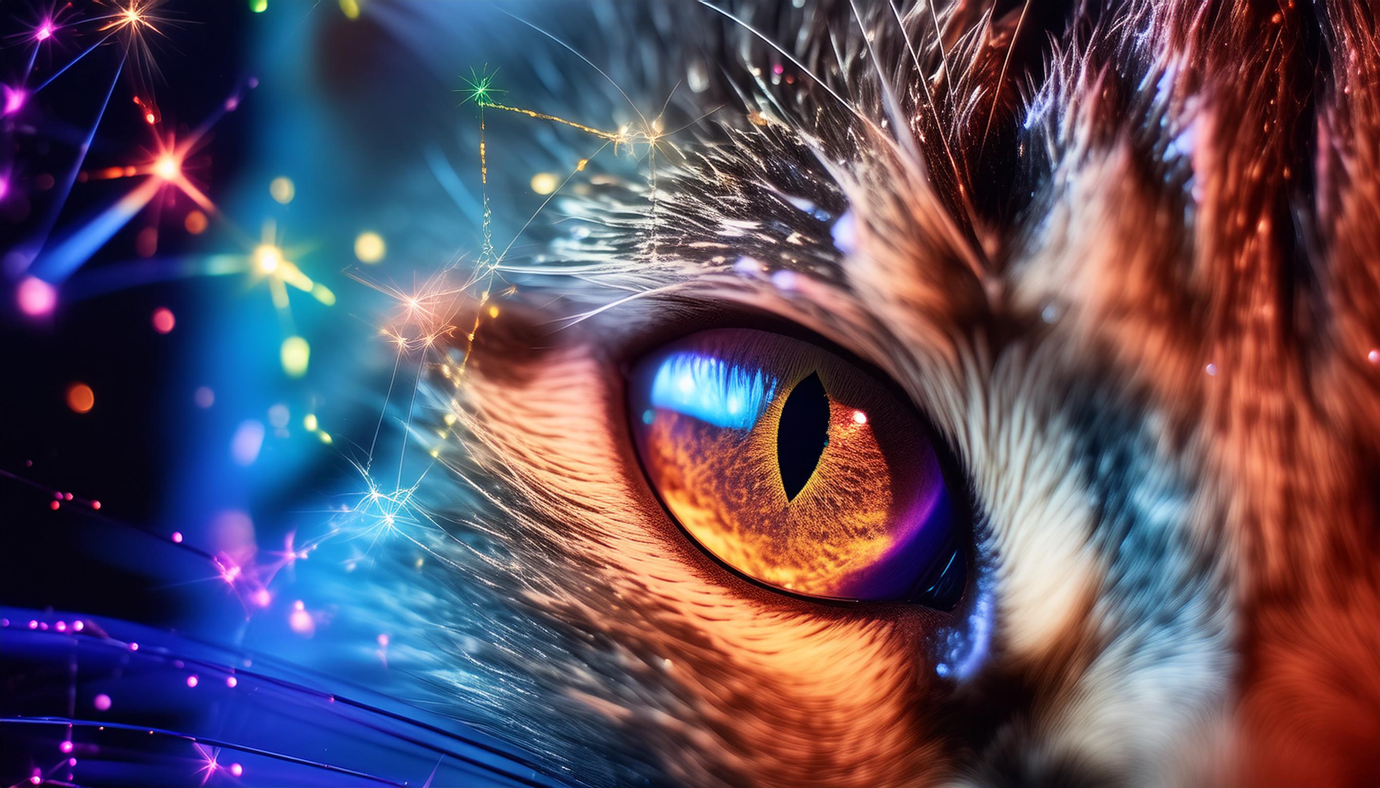 a close-up of a cat's eye, surrounded by glittering stars connected by beams of light